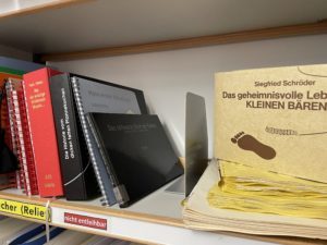 Teil eines Bücherregal mit verschiedenen Büchern. 