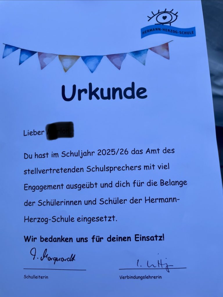 Urkunde für Klassensprecherinnen und Klassensprecher